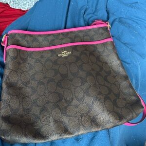 Coach Signature Brown Crossbody Bag with Pink Trim